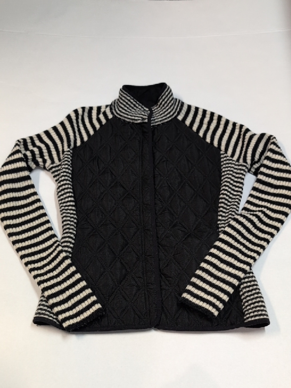 DAKINI Black Quilted Jacket with Black & White Striped Sleeves Size Small